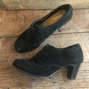 Michelle D Black Suede Lace Loafer Heels Booties 7